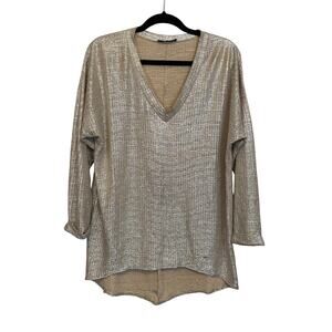 Vie Ta Vie Paris Blouse Womens XL Tan Metallic Plisse Funky Disco Evening Party